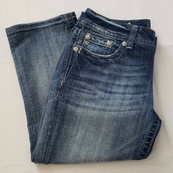 Miss Me Womens Easy Cropped Jeans Blue Stretch Embroidered Medium Wash Denim 28 - Picture 6 of 12